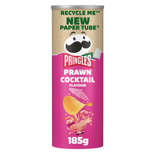 A single can of Pringles Prawn Cocktail Flavour chips on a plain white background. The can features the classic Pringles logo and illustrations of a cocktail and prawn, with a bright pink lower half and a beige upper half.