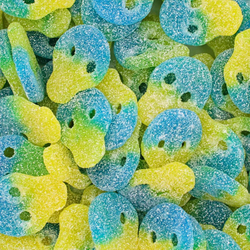 Colorful gummy skulls in blue and green  - Fresh Sweets | Mayflower Munchies Plymouth