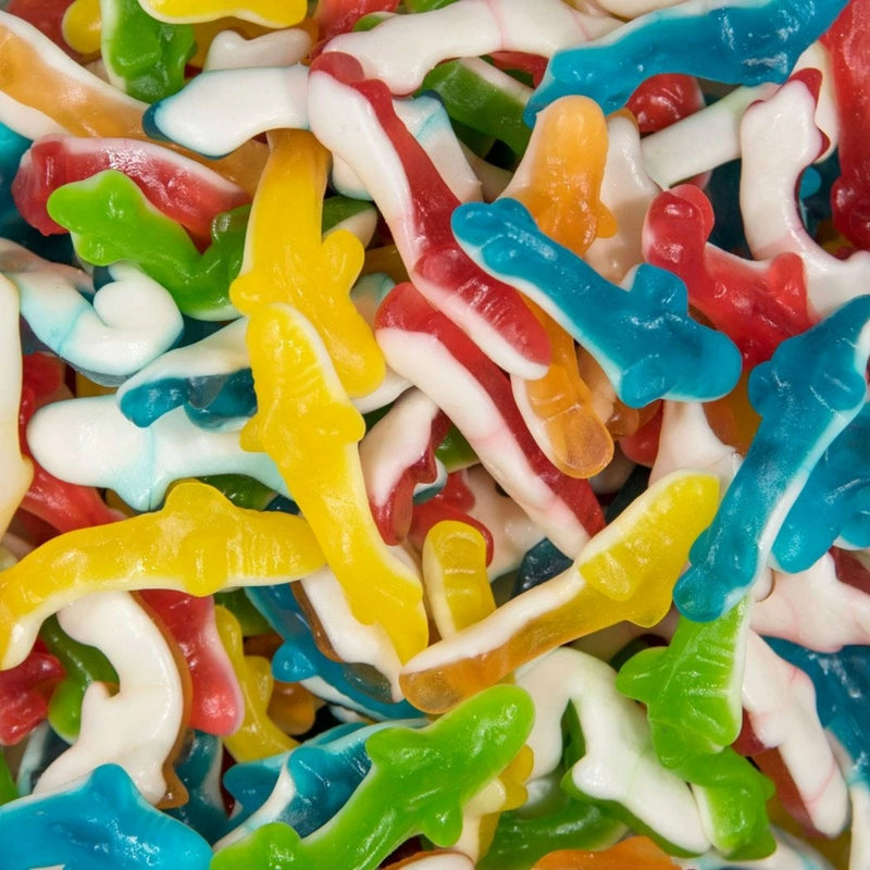 Assorted colorful gummy sharks in a pile - Fresh Sweets | Mayflower Munchies Plymouth