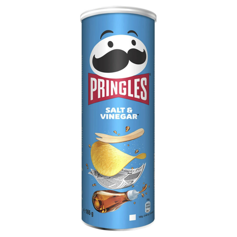 A single can of Pringles Salt & Vinegar potato chips on a plain white background. The can is light blue with the iconic Pringles mascot face, red Pringles logo, and illustrations of a potato chip and vinegar bottle. - Fresh Sweets | Mayflower Munchies Plymouth
